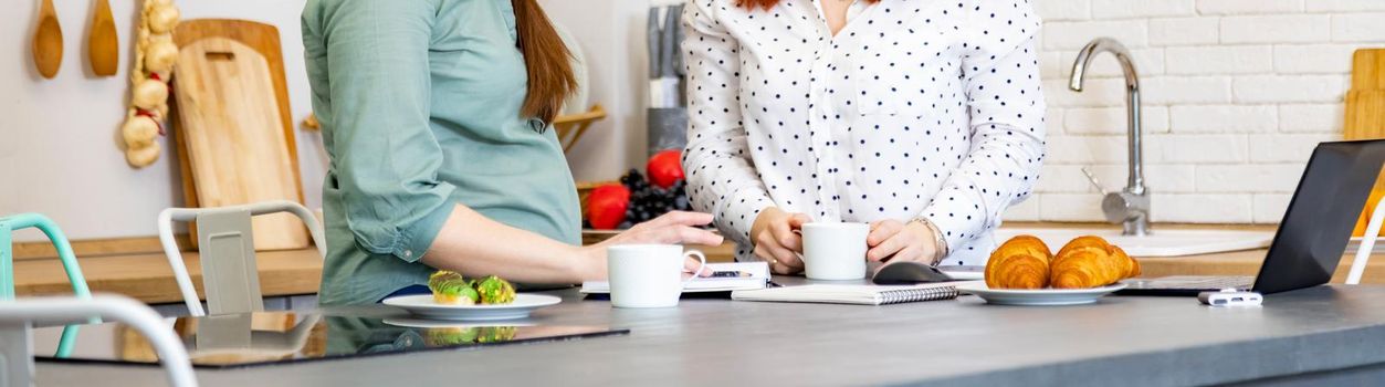 banner two business women with laptop and notepads in the kitchen. coffee break at work.no face. pregnat woman working