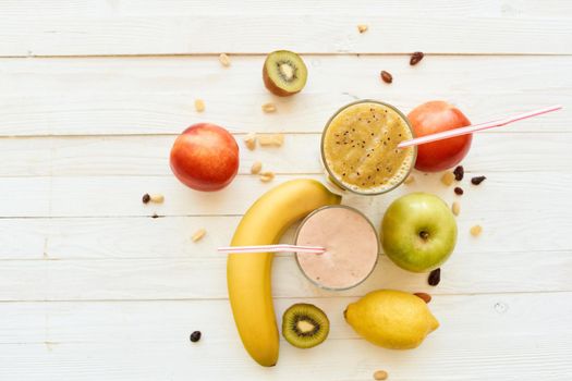 fresh fruit cocktail breakfast dessert organic wood background. High quality photo