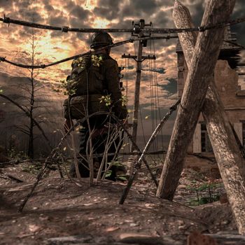 Illustration of a world war 2 daylight battle scene with a US soldier and destroyed buildings. Battlefield art background - 3d rendering