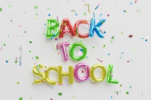 back to school sign with colorful balloons and falling confetti. 3d render