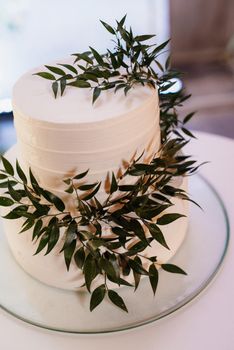 white wedding cake at the wedding of the newlyweds