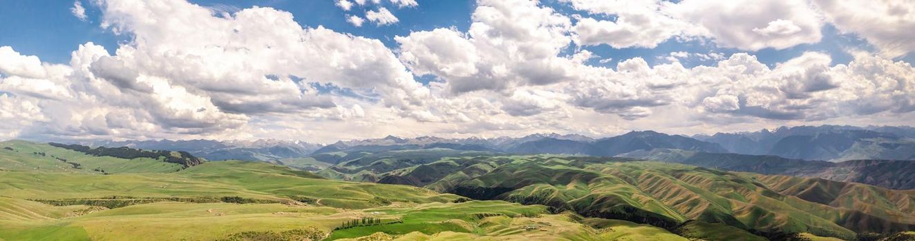 Mountain peaks and grassland are under white clouds. Shot in Xinjiang, China.