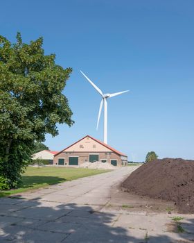 farm barn in wieringermeer near wind turbine under blue sky with summer flowers in dutch province of noord holland
