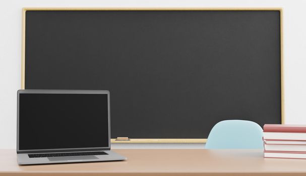 table with laptop mockup and empty chalkboard behind in a classroom. 3d render