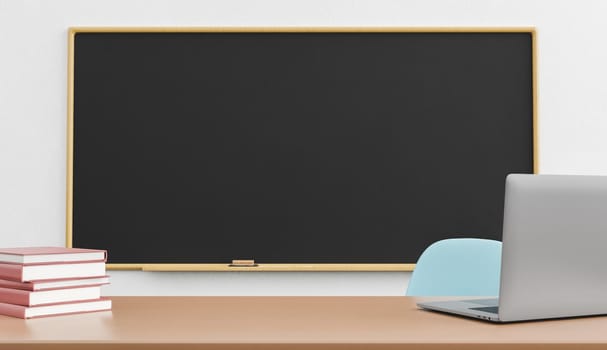 teacher's table with laptop and pile of books and empty chalkboard behind in a classroom. 3d render