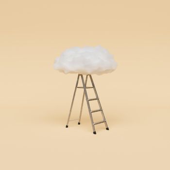 Minimalist metal ladder with cloud on top on beige background. 3d render