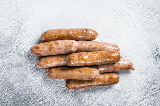 Roasted Bratwurst Hot Dog sausages. White background. Top View.