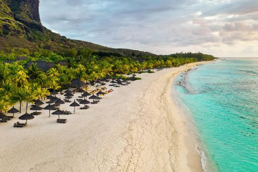 View from the height of the island of Mauritius in the Indian Ocean and the beach of Le Morne-Brabant.