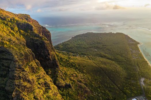 View from the height of the island of Mauritius in the Indian Ocean and the beach of Le Morne-Brabant.