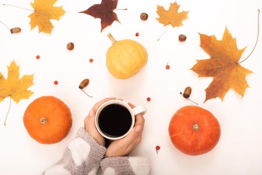 A woman holds a cup of black coffee near the yellow maple leaves of a pumpkin on a white background. Autumn flat lay