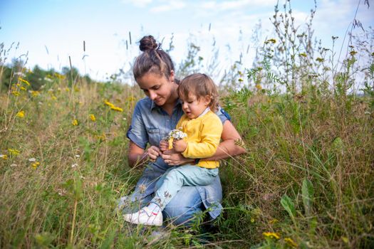 mom and daughter toddler collect a bouquet of wildflowers flowers yarrow close-up