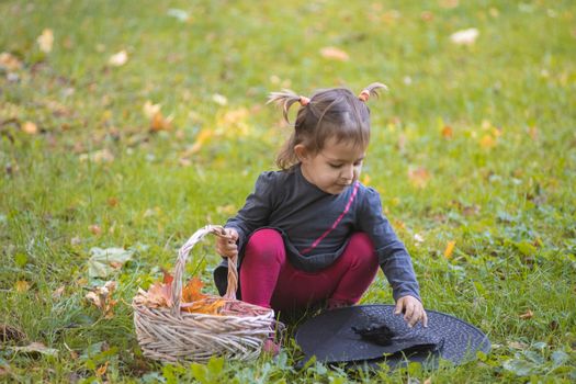 halloween celebration. cute toddler girl in black dress playing with witch hat on green lawn with autumn leaves