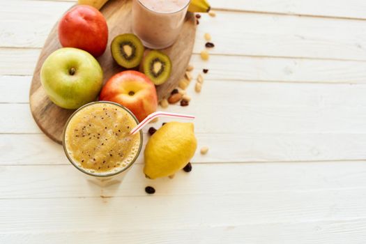 fruit smoothie fresh Fresh Desert milkshake top view. High quality photo