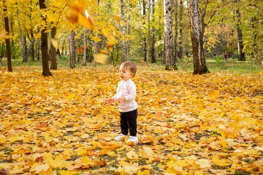 Smiling little girl with closed eyes standing in the autumn park. Yellow maple leaves are falling down on her. on a carpet of fallen golden maple leaves in the park