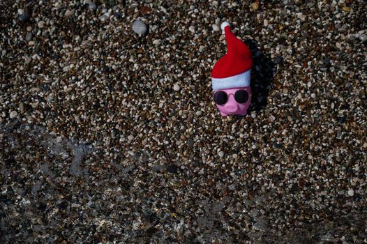 Piggy bank in a hat of santa claus and sunglasses on a pebble beach by the sea