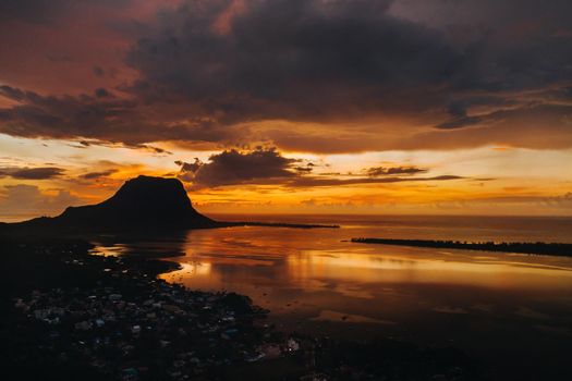 Amazing view of Le Morne Brabant at sunset. Mauritius island