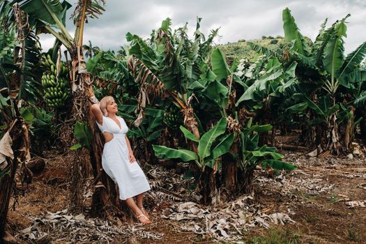 A girl on a banana plantation on the island of Mauritius, a Banana farm on a tropical island, a Girl in a white dress on a plantation in Africa.