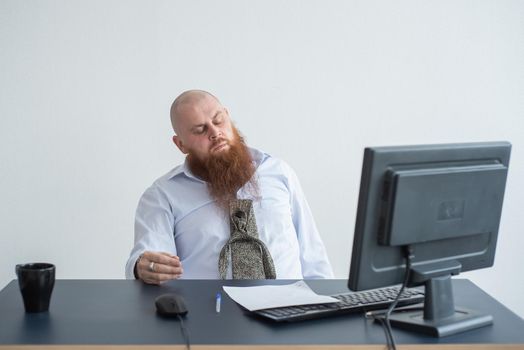 Problems for the office worker. A bald man in a white shirt sits at a desk with a computer and is stressed because of failure. A nervous breakdown