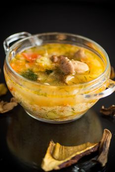 vegetarian vegetable soup with porcini mushrooms in a glass bowl isolated on black background