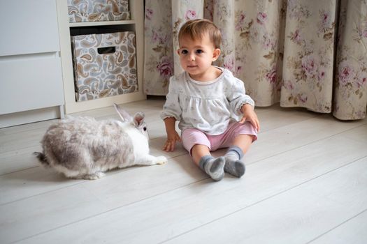 charming baby playing with decorative rabbit at home