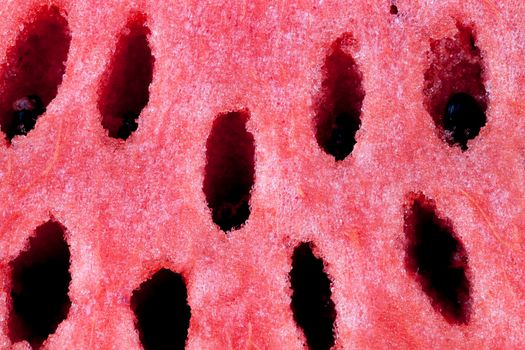 a few rows with holes in which lie black seeds of a ripe watermelon, a close-up photo with details of a watermelon berries in the autumn season