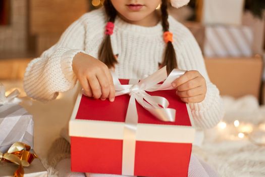 Unknown child girl with pigtails opening Christmas present, kid unpacking present boxes in x-mas morning, keeping hand son ribbons, female child wearing white sweater.