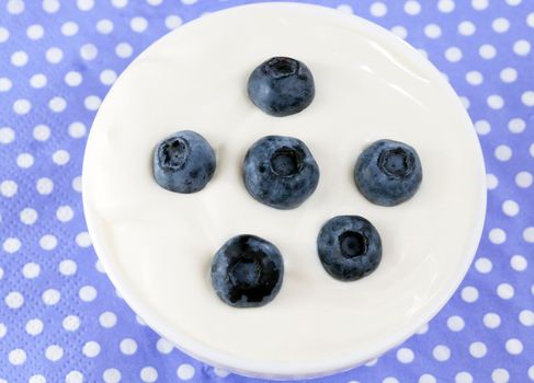a few five ripe blueberries on a white glass plate, top view closeup