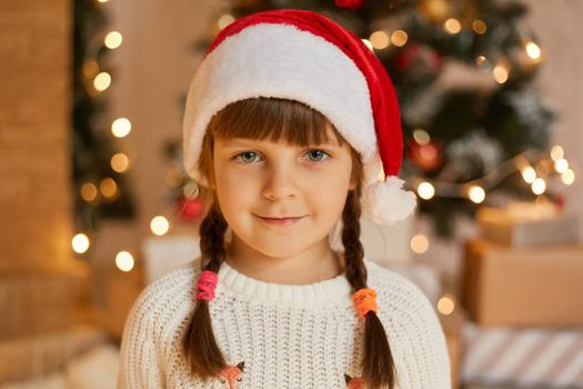 Happy small girl in santa hat have christmas mood, posing on background of xmas tree with garland, kid looking directly at camera, having pigtails, wearing white sweater.