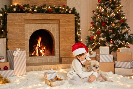 Cute smiling girl hugging Pekingese dog and looks at it with love, being happy ti get such present, sitting on floor near fireplace, wearing santa claus hat, posing indoor i festive living room.