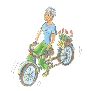 Old lady riding a bicycle in cartoon style. Colorful. Digital illustration.