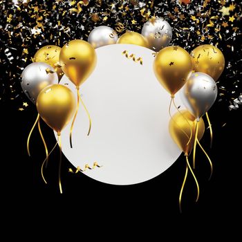 Gold and silver balloon with foil confetti falling with blank banner on black background 3d render