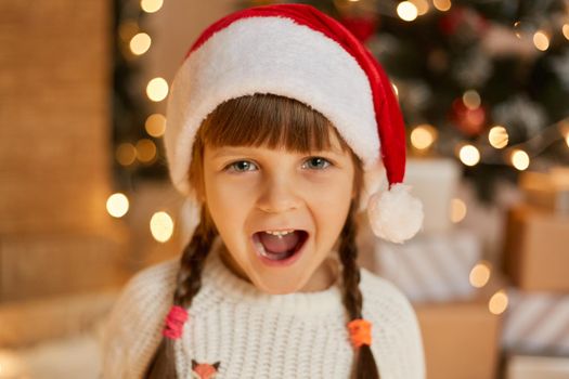 Festive Little Christmas girl in Santa Hat having two pigtails, wearing white pullover, keeping mouth widely opened, yelling happily, being glad to celebrate new year.