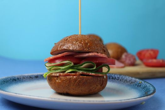 sandwich, burger with buckwheat brown bun vegetables pieces of tomatoes cucumbers on a blue plate on a blue background are the ingredients for making a burger vegetables sausage ham.