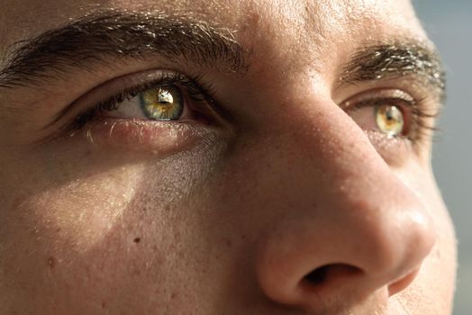 Close-up shot of man's eye. Man with blue eyes.