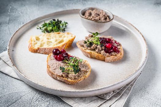 Toasts with chicken rillettes pate on white bread with sprouts. White background. Top View.