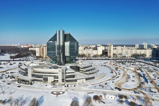 Top view of the National Library in Minsk in winter. Belarus, public building.