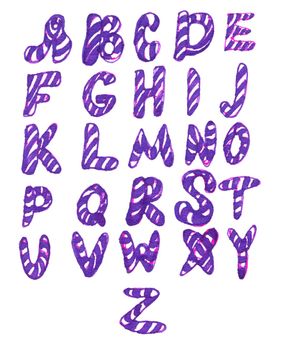 Hand drawn Candy Purple Abc illustration on white background. Colorful pens. English alphabet.