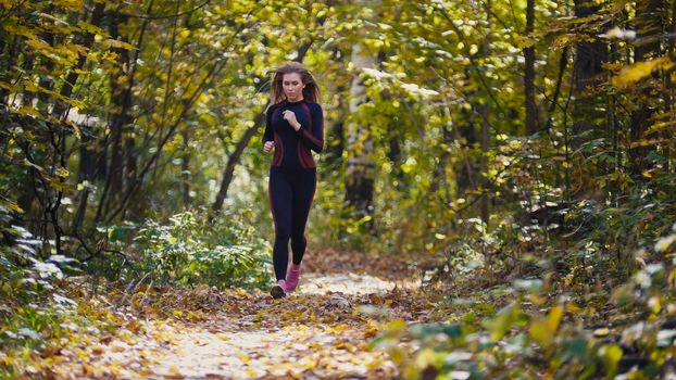 Young active female athlete exercising outdoor autumn park. Healthy women, telephoto