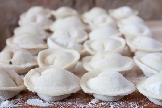 Process of making homemade pelmeni (dumplings) on wooden board - traditional dish of Russian cuisine. Selective focus