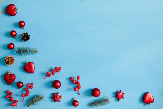 Christmas decoration on a blue wooden background .