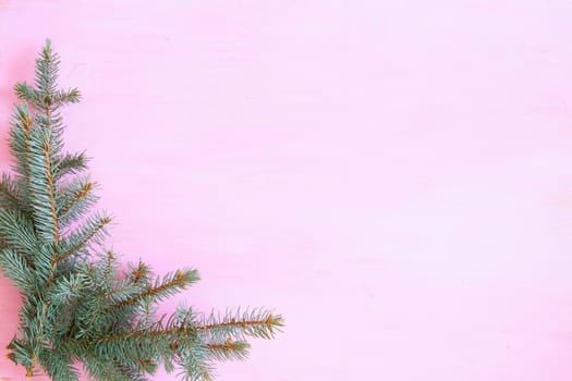 Pink wooden christmas background with fir-tree in the corner. Frame. View from above .