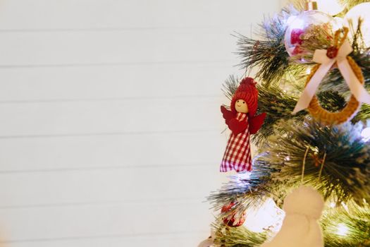 Close-up photo with decorations of christmas tree. .