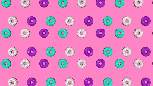 Abstract colorful animation, background of bright donuts. 3D rendering.