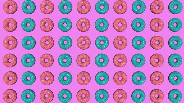 Abstract colorful animation, background of bright donuts. 3D rendering.