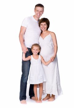 Young family with a child on a white background