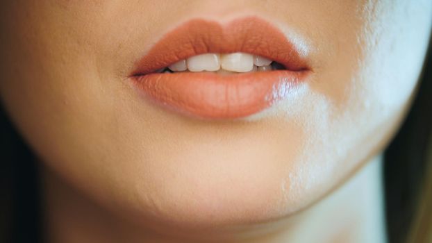 Part of face - sexy lips, young woman close up, horizontal