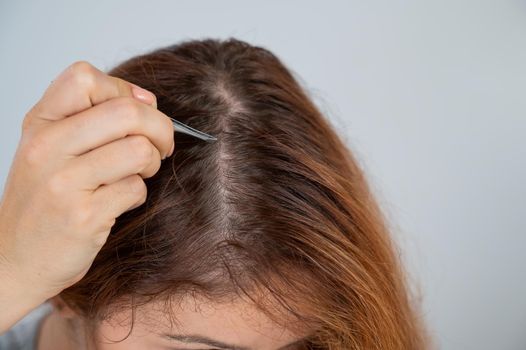 Caucasian woman finds gray hair and removes it with tweezers. Signs of aging