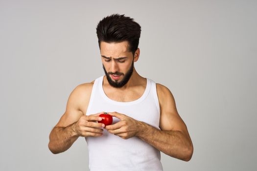 bearded man fresh tomatoes healthy lifestyle diet food studio lifestyle. High quality photo