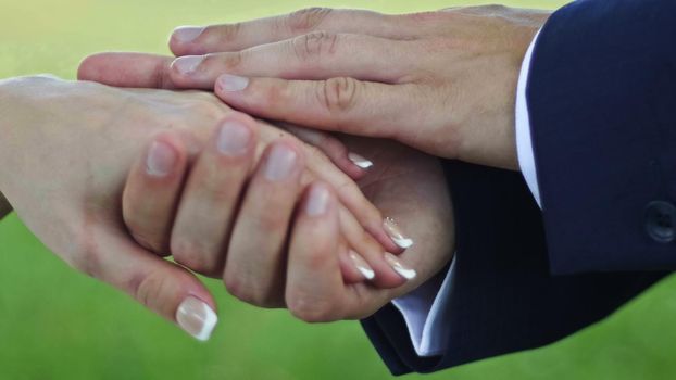 Hands of groom and bride, outdoor - in the meadow, close up