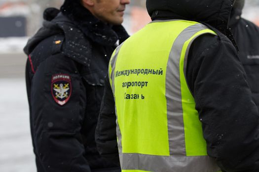 Kazan, Russia, 17 november 2016, Stuff of airpport - russian road policeman in uniform , telephoto
